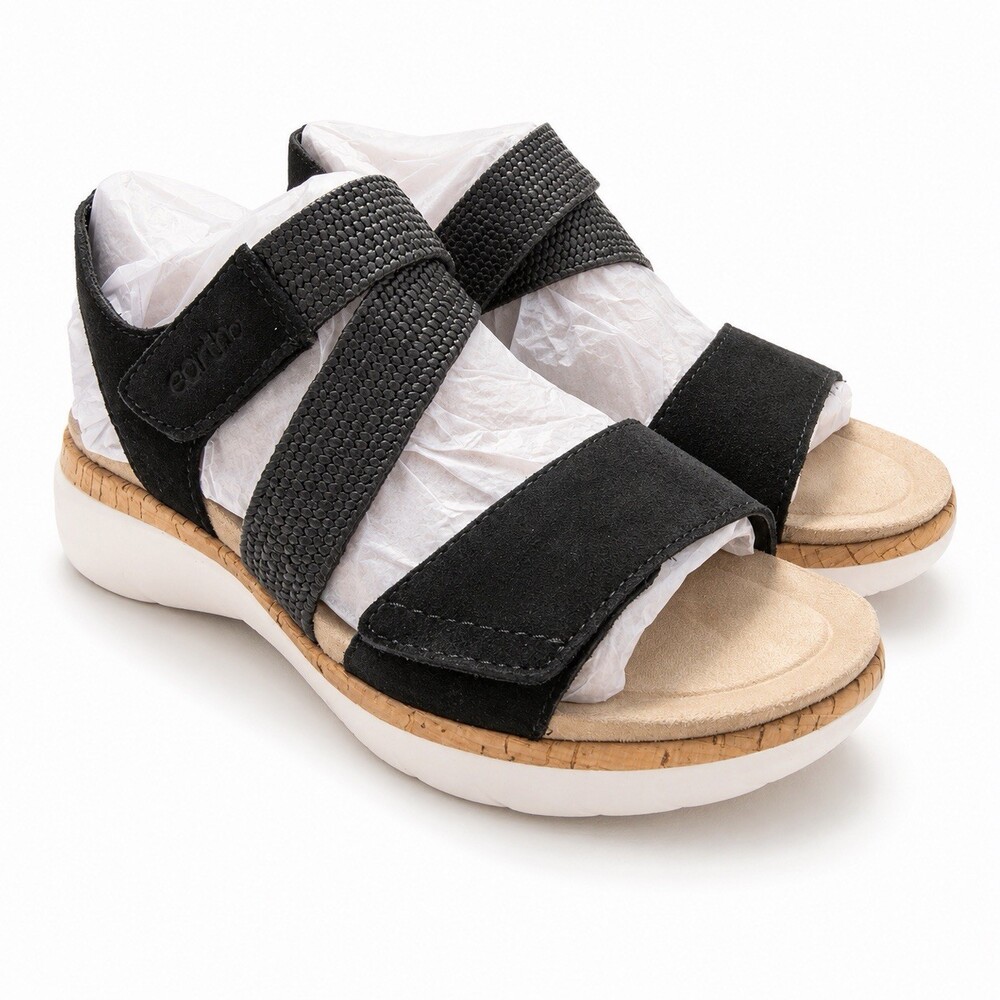 Earth Reston Womens 6.5M Black Suede Adjustable Sport Comfort Sandals New Box